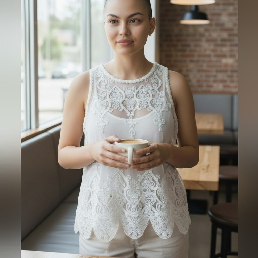 Ooh La La Sheer Lace Embroided White Tank Top - S - Picture 3 of 8